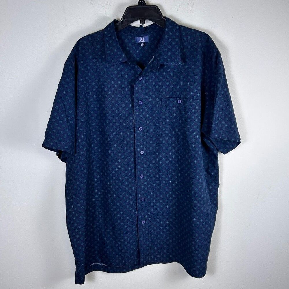 George Mens Shirt 2XL Blue Cove Print Short Sleeve Button Up Geometric Polyester